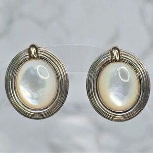 Vintage GV 925 Sterling Silver 14K Gold Mother of Pearl Omega Back Earrings